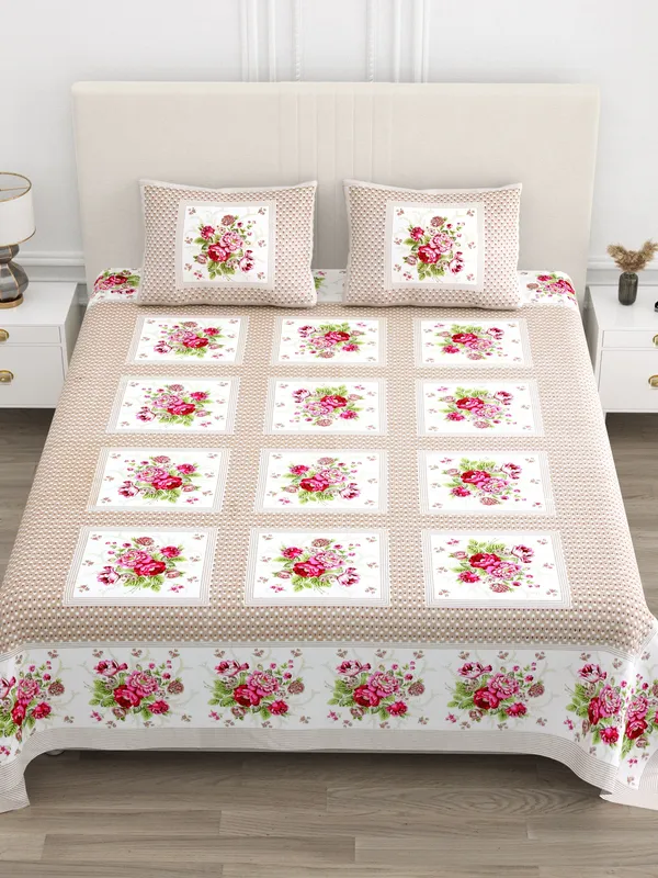 Light_Brown_Cotton_Rajwada_Phool_Gulistan_Collection_Double_Bedsheet_With_Pillow_Cover_100_X_108_Cm